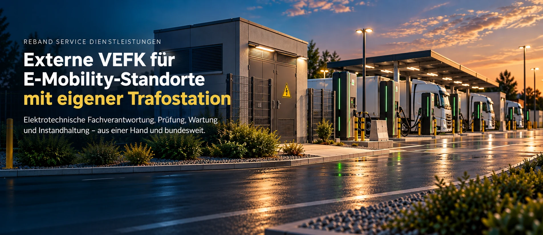 KI-generierte Titelillustration: externe VEFK für E-Mobility-Standorte mit eigener Trafostation, elektrischen LKW und Ladeinfrastruktur